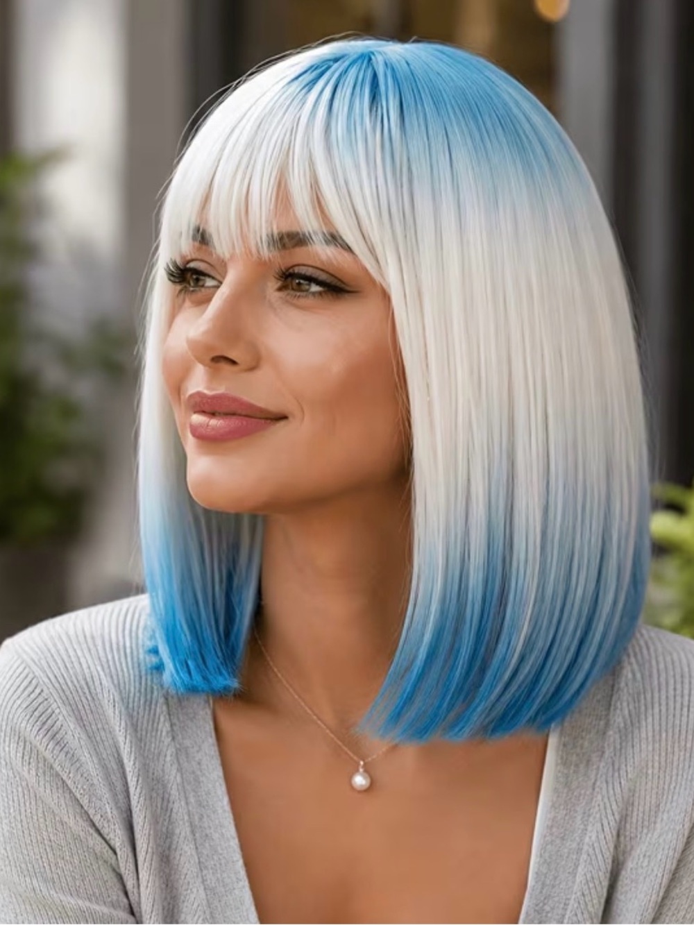 Blue Ombre Straight Bob Wig with Bangs - Women Hair